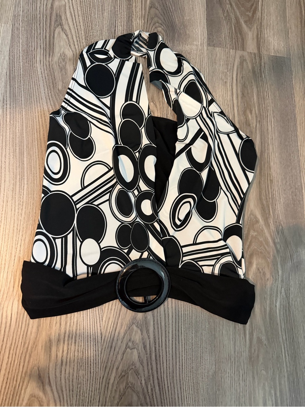 Black & White Graphic Halter Top with Ring Detail